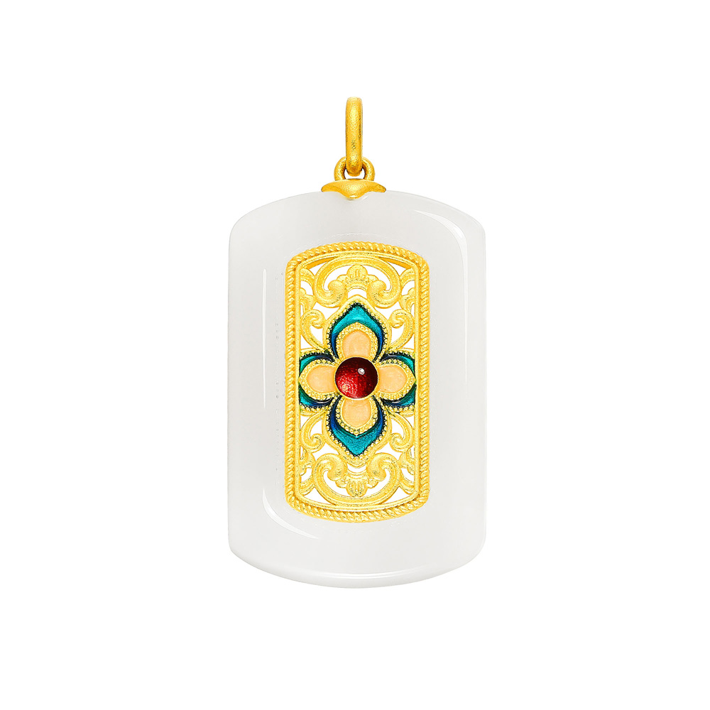 Four Seasons of Contentment · 5G Gold Enamel & Hetian White Jade Peace Tablet