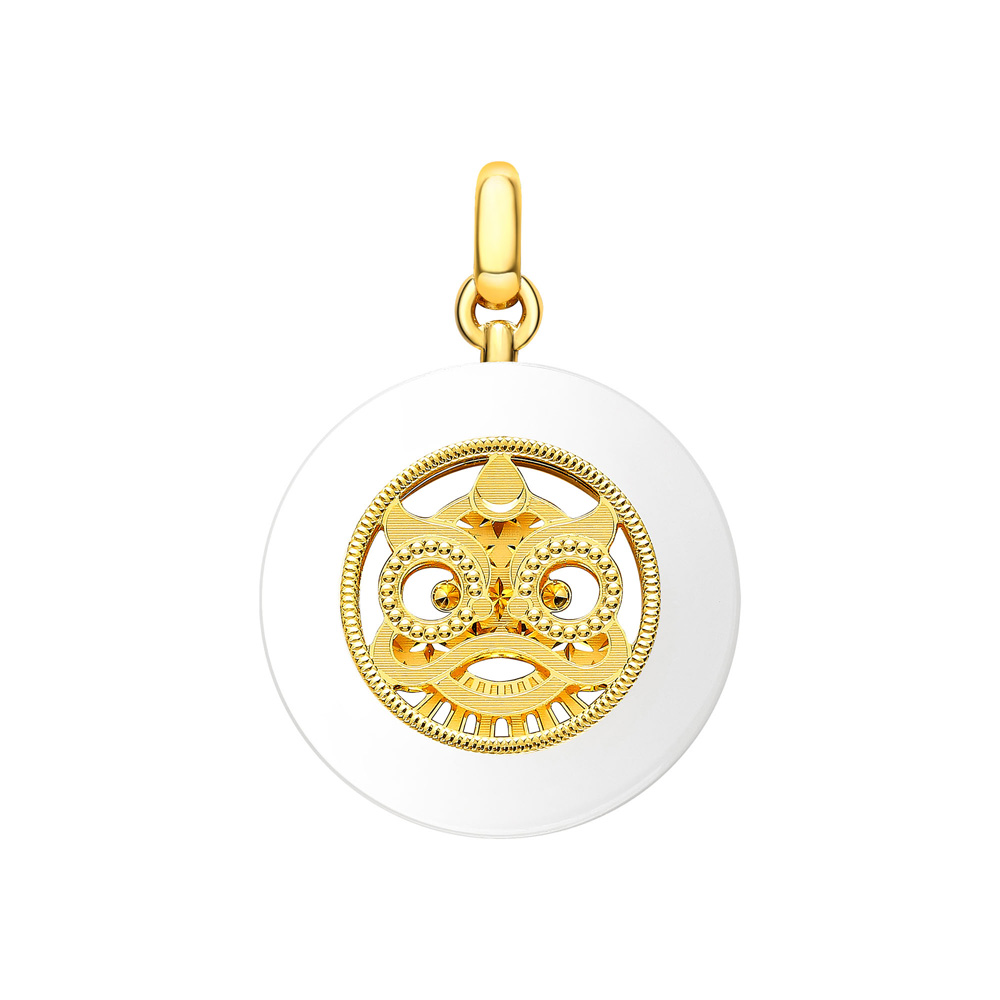 Auspicious Lion Blessings · 5G Gold Enamel & Hetian White Jade Lion Dance Peace Disk