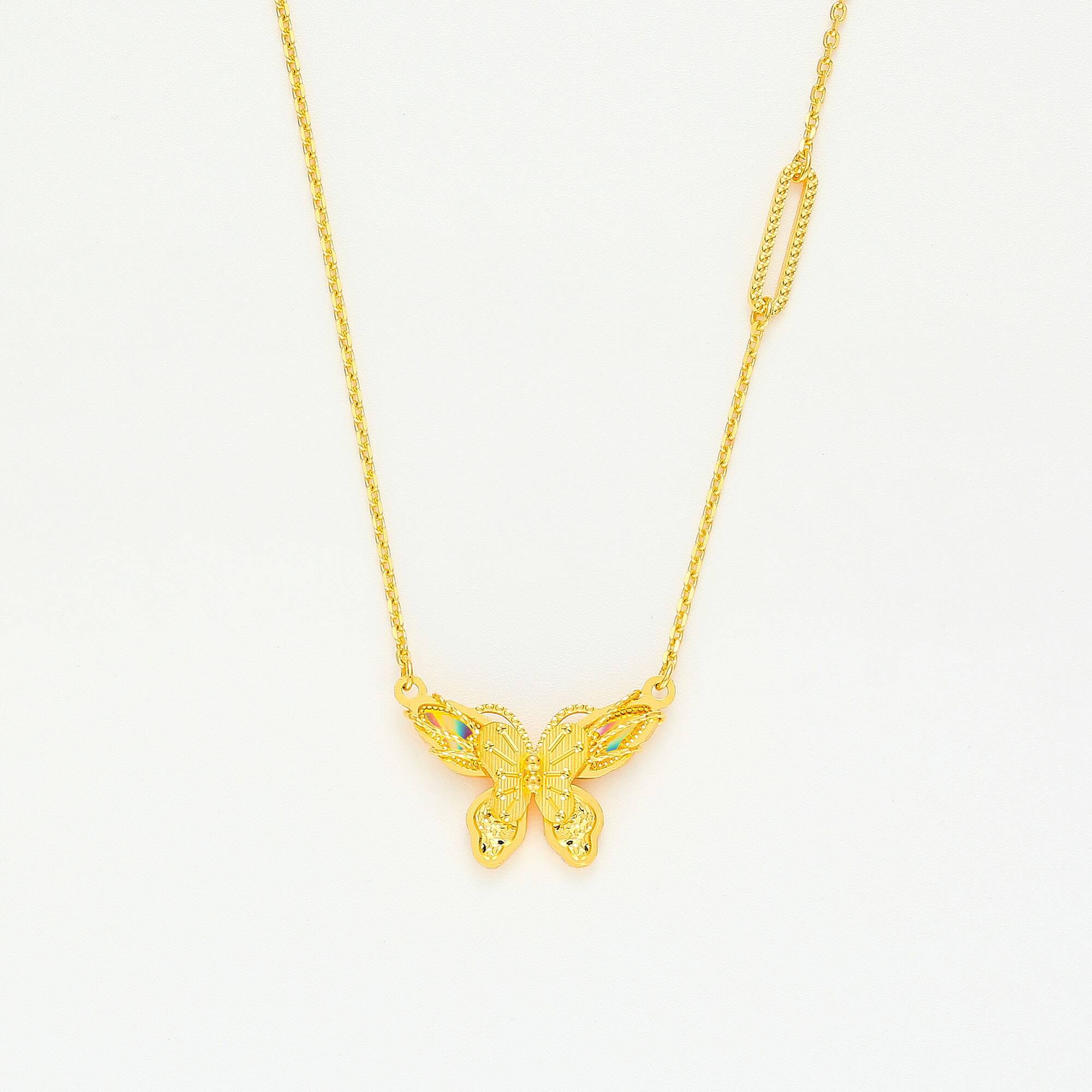 Butterfly Splendor Collection · 5G Gold CNC Iridescent Filigree Butterfly Necklace