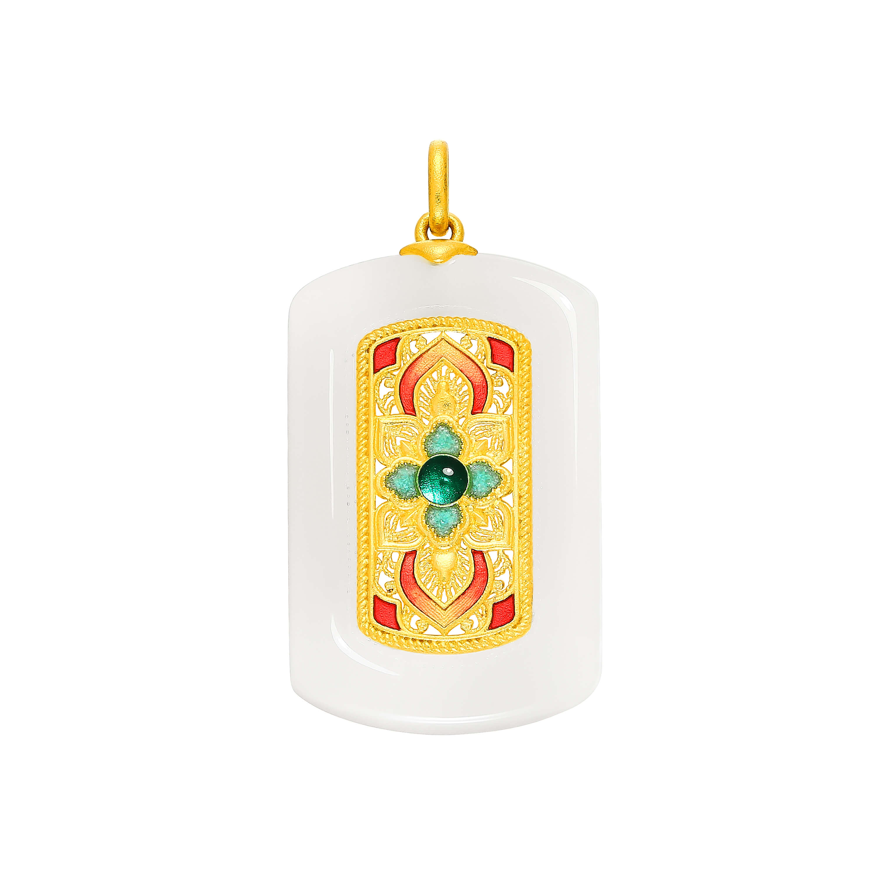Flourishing Fortune · 5G Gold Enamel & Hetian White Jade Peace Tablet
