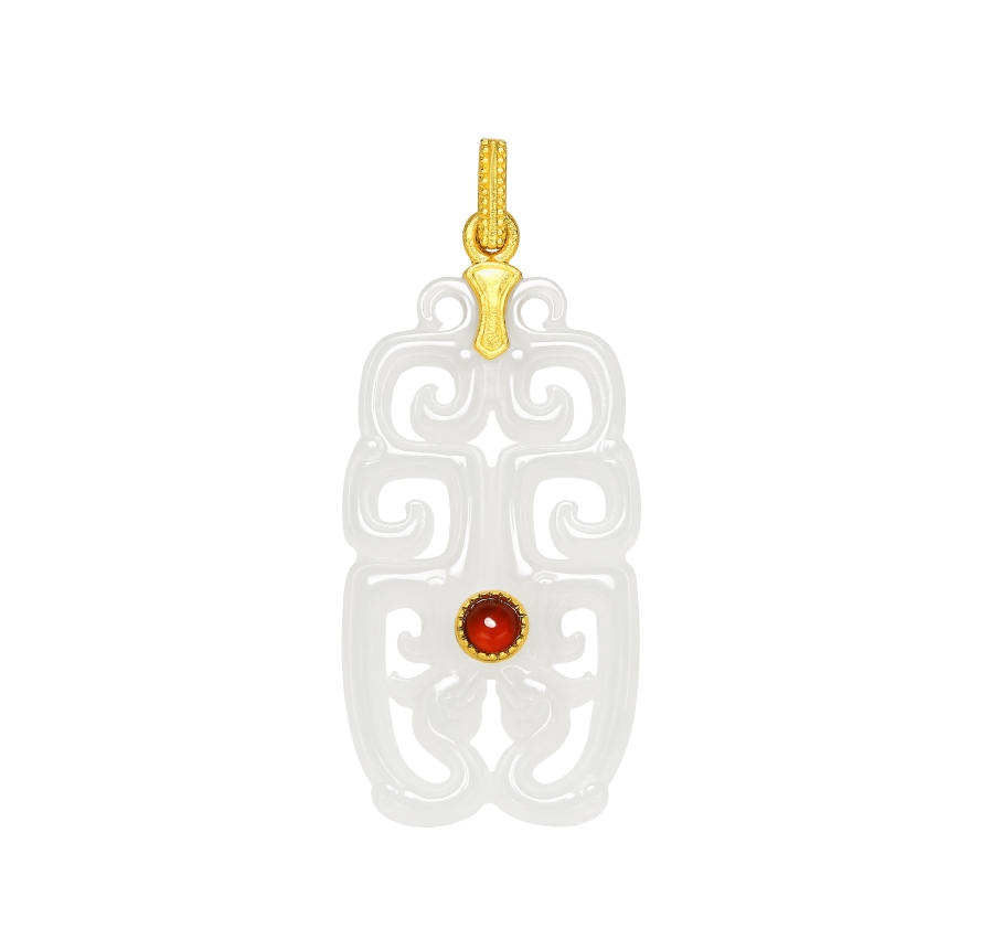 Harmonious Phoenixes · 5G Gold & Hetian White Jade Pendant
