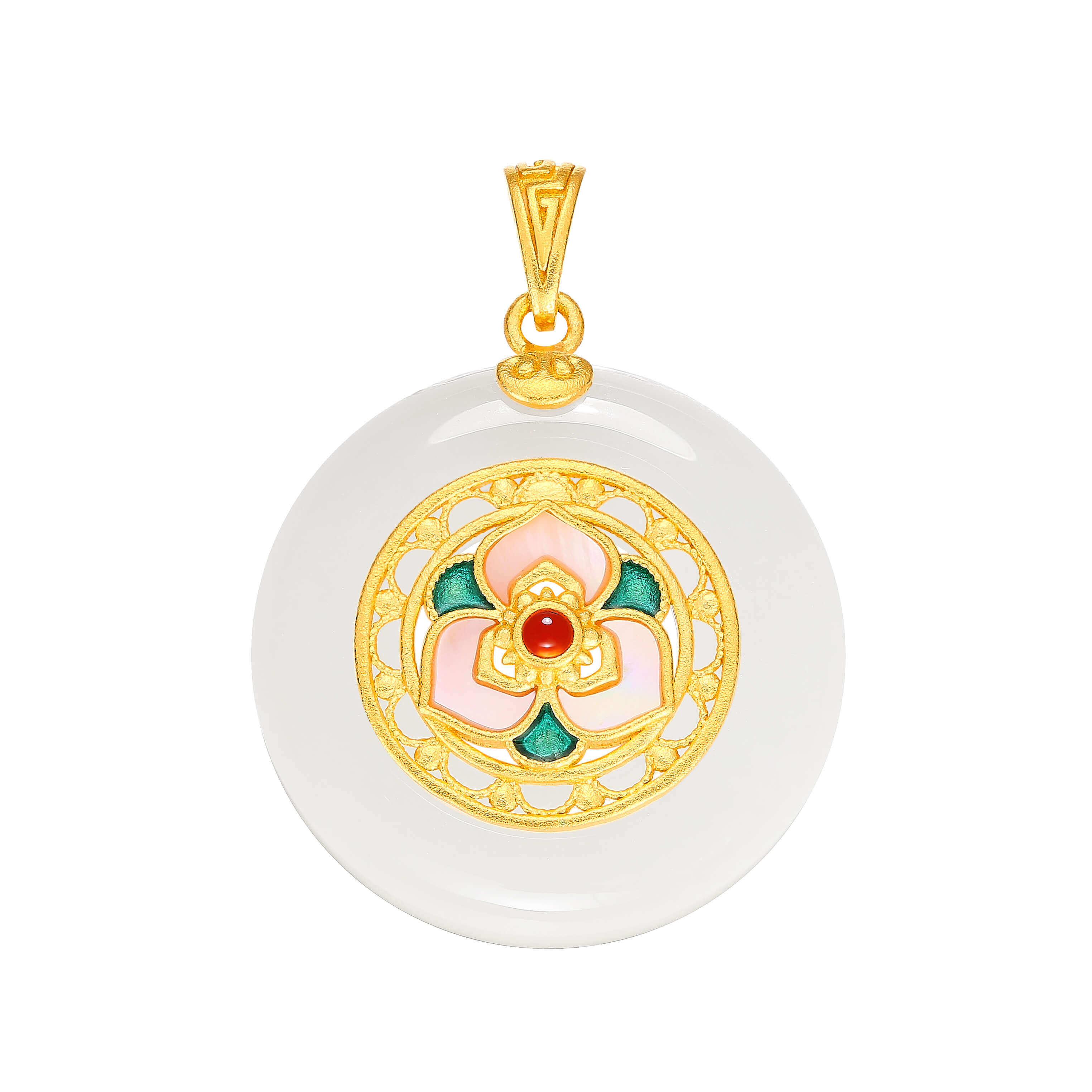 Boundless Fortune · 5G Gold Enamel & Hetian White Jade Peace Disk