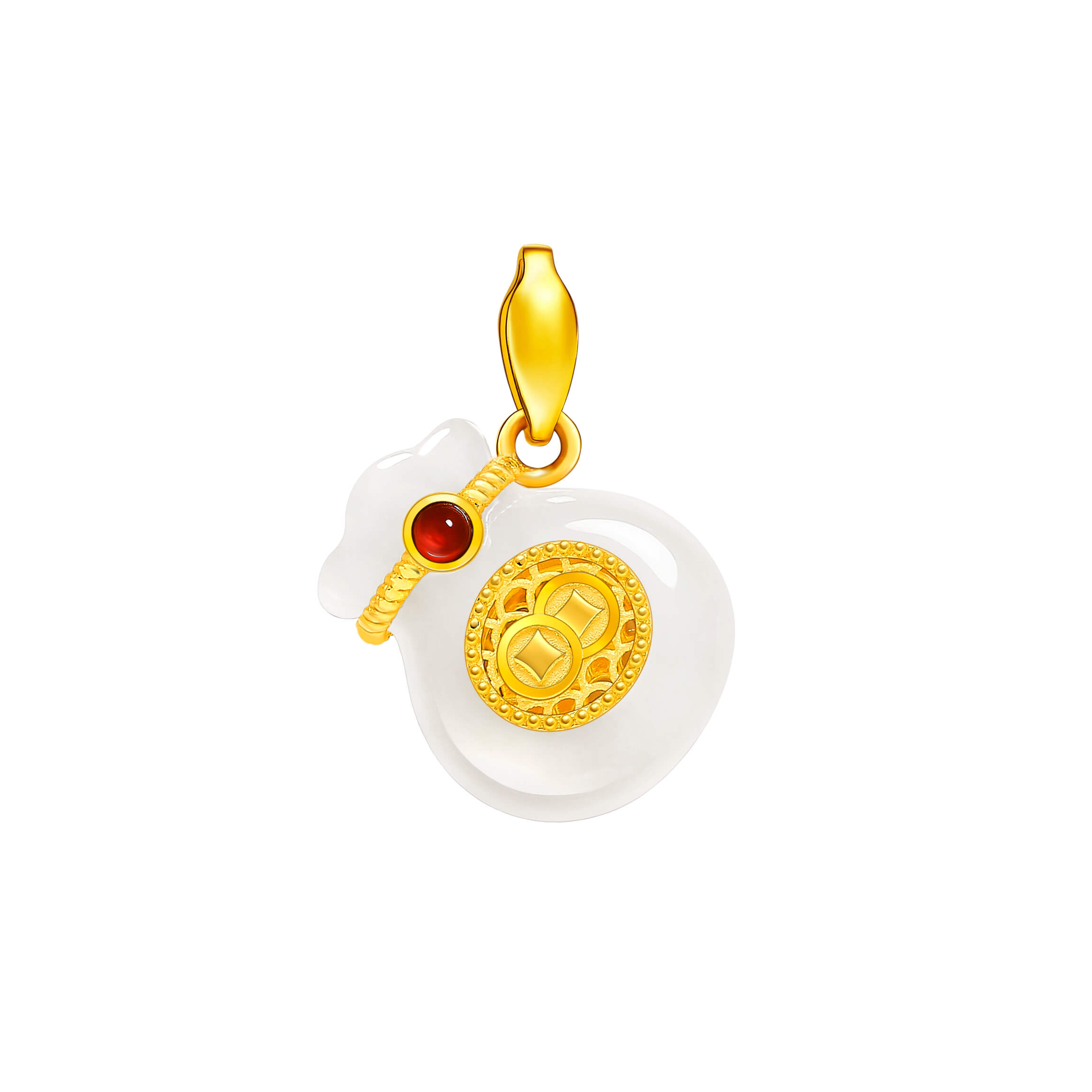 Abundant Fortune · 5G Gold Enamel & Hetian White Jade Money Pouch Pendant