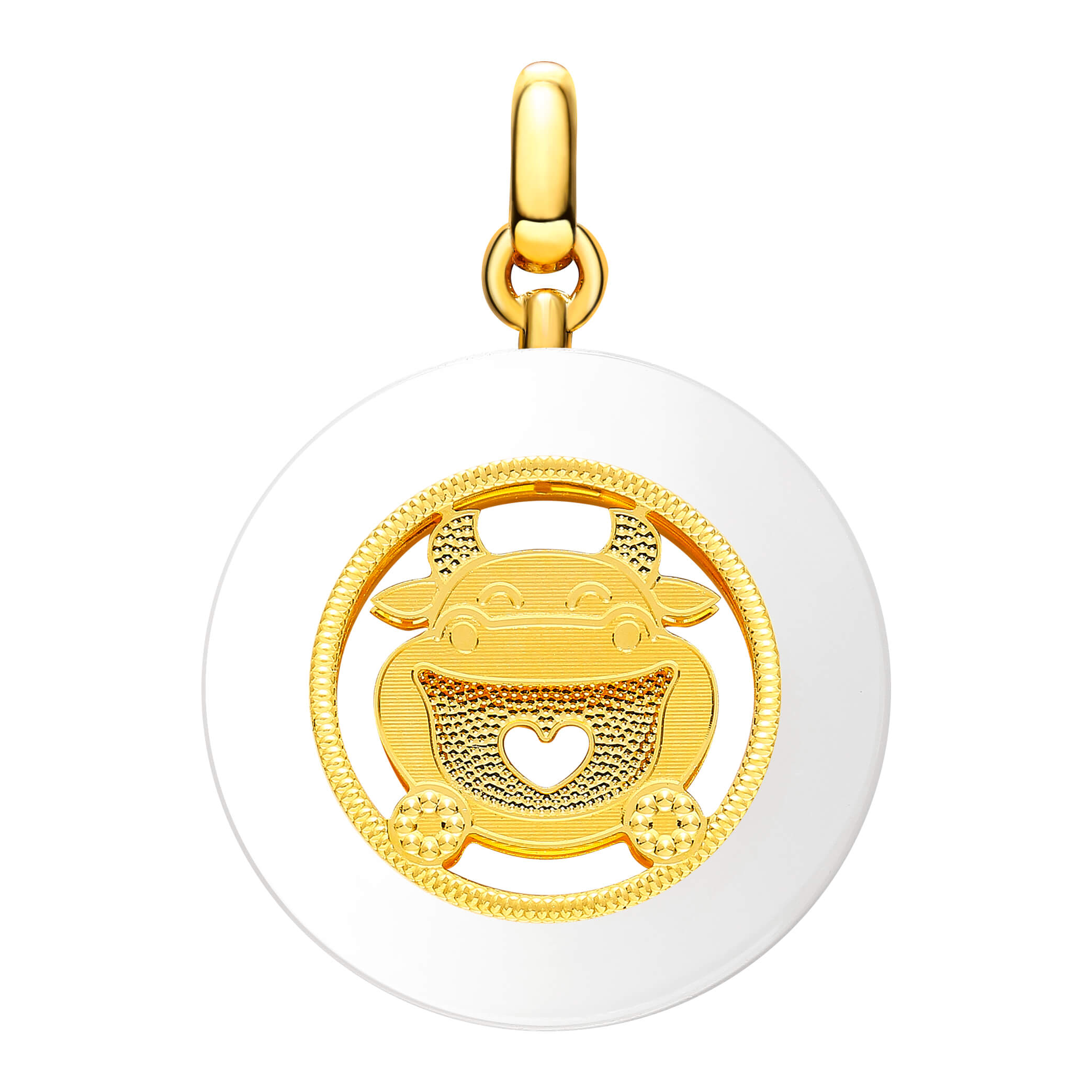 Whimsical Zodiac Collection · Year of the Ox 5G Gold & Hetian White Jade Peace Disk