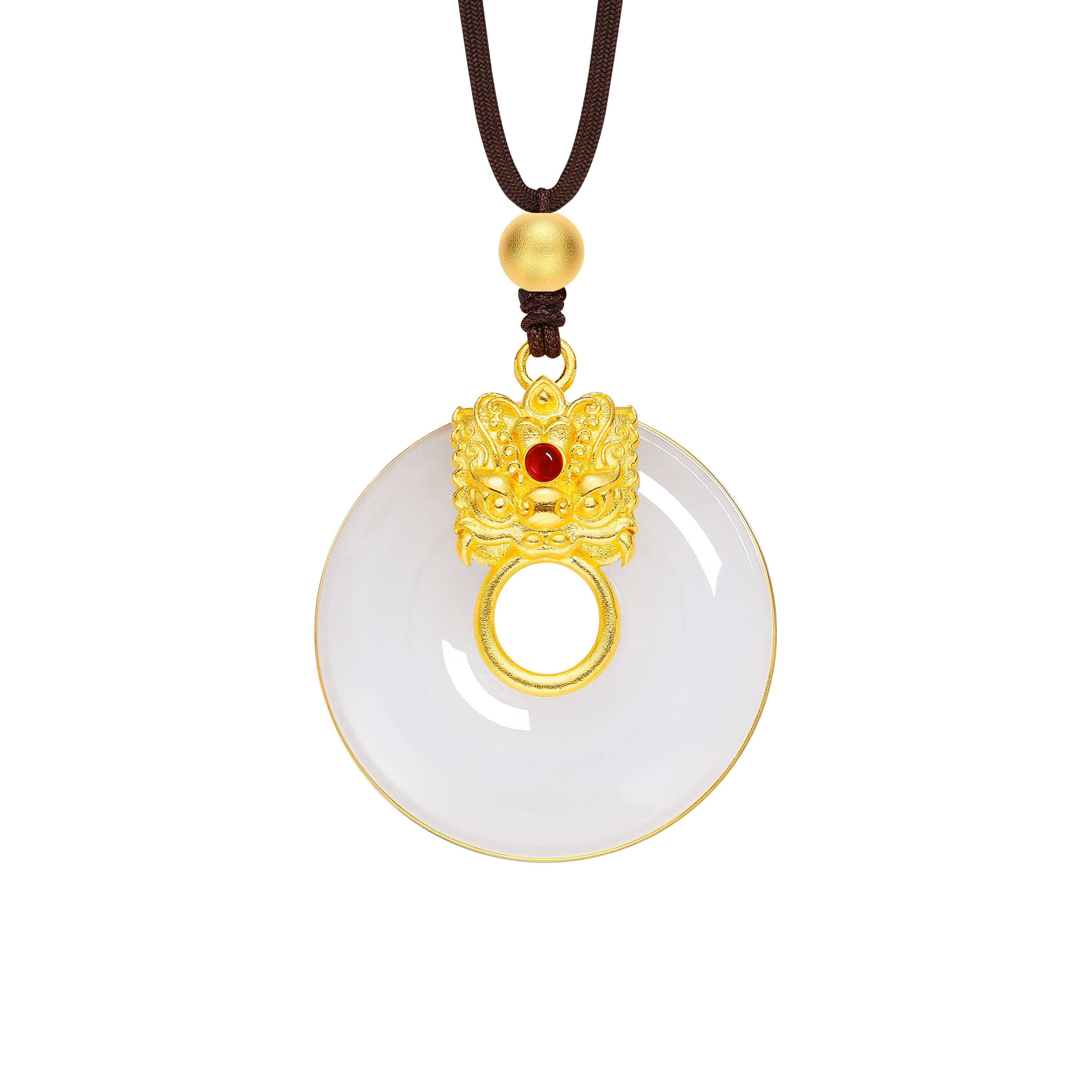 Lucky Lion's Blessing · 5G Gold & Hetian White Jade Awakened Lion Peace Disk