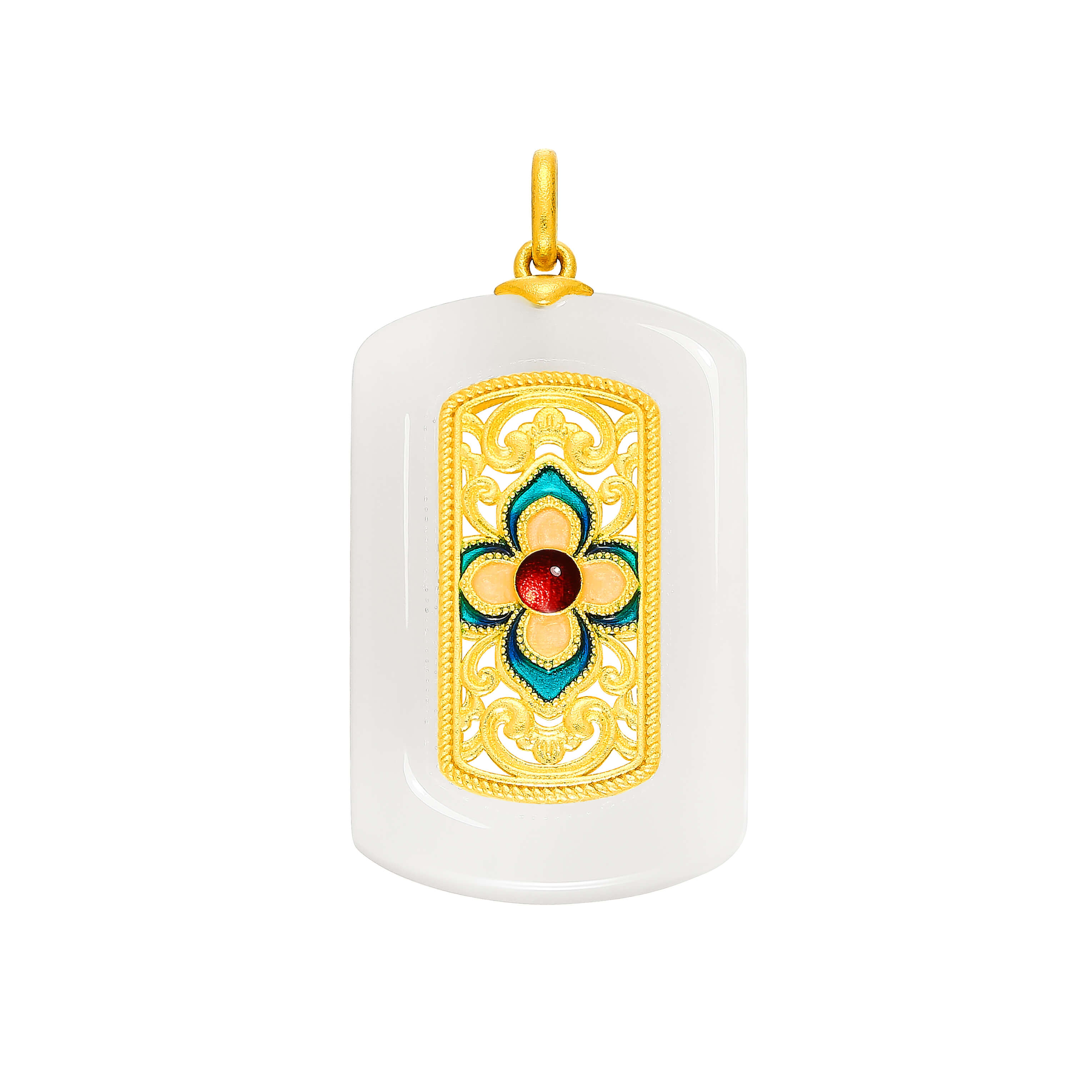 Four Seasons of Contentment · 5G Gold Enamel & Hetian White Jade Peace Tablet