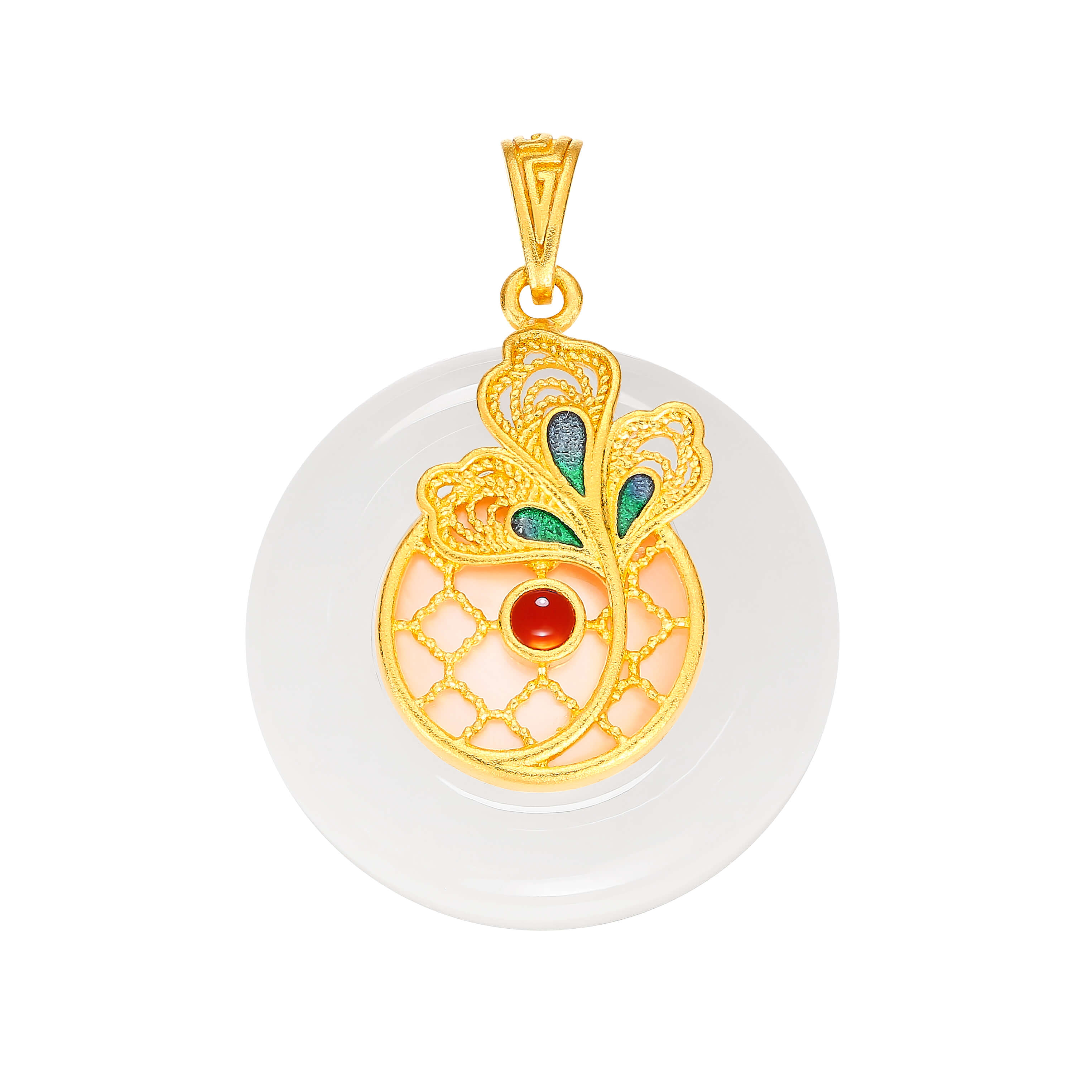 Phoenix at the Window · 5G Gold Enamel & Hetian White Jade Peace Disk