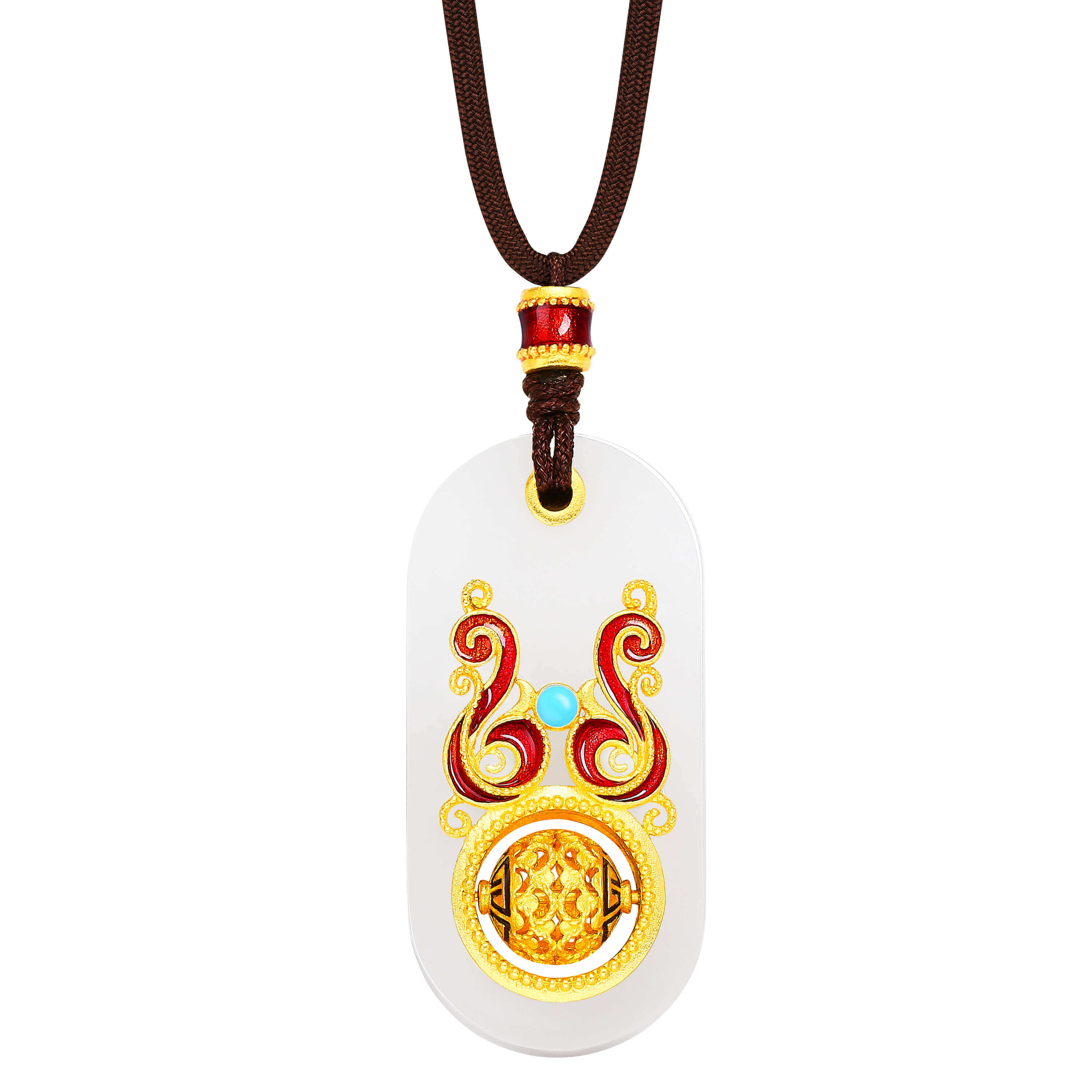 Harmonious Phoenixes · 5G Gold Enamel & Hetian White Jade Peace Disk